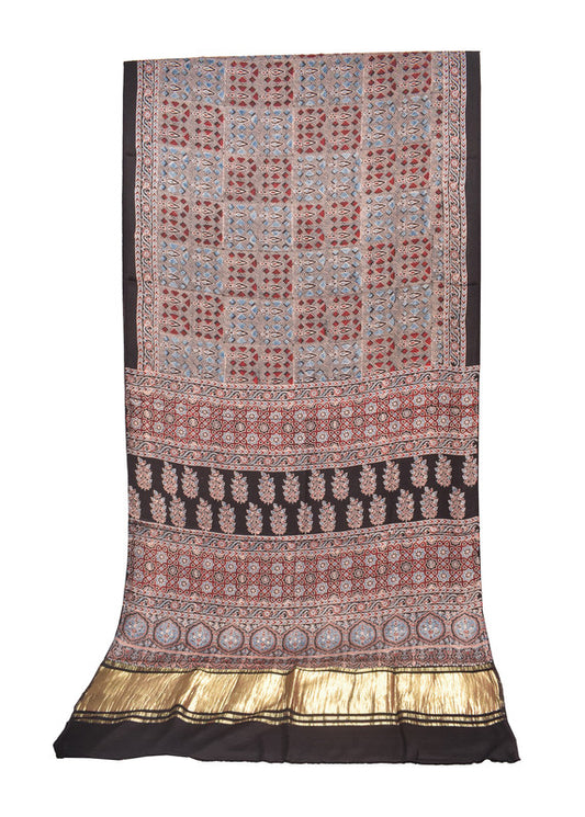 Ajrakh Modal Silk Natural Dye Hand Block Print Saree   With Golden Border  - With Blouse Piece - 6 mtrs Length    -  SKU : ID15101T