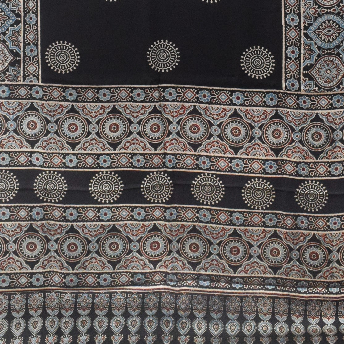 Ajrakh Modal Silk Natural Dye Golden Border Hand Block Print Saree with Blouse Piece - 5.5 Mtr Length - SKU : ZD02601B