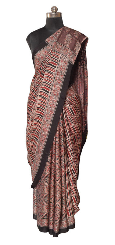 Ajrakh Modal Silk Natural Dye Hand Block Print Saree   With Golden Border  - With Blouse Piece - 6 mtrs Length    -  SKU : ID15101N