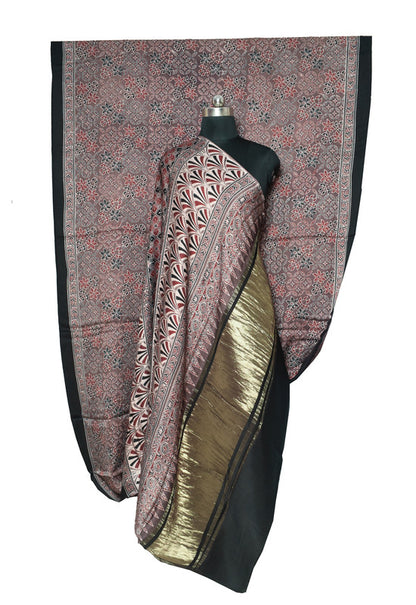 Ajrakh Modal Silk Natural Dye Hand Block Print Saree   With Golden Border  - With Blouse Piece - 6 mtrs Length    -  SKU : ID28C03D