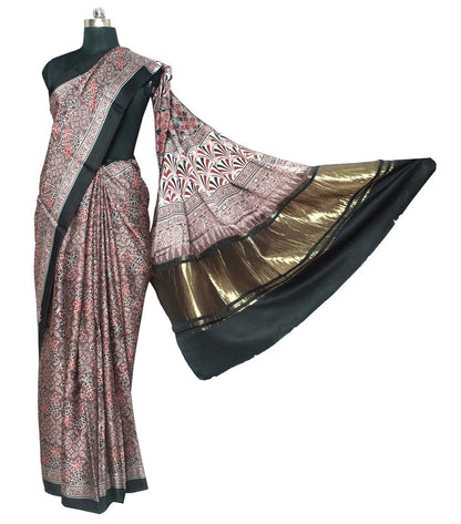 Ajrakh Modal Silk Natural Dye Hand Block Print Saree   With Golden Border  - With Blouse Piece - 6 mtrs Length    -  SKU : ID28C03D