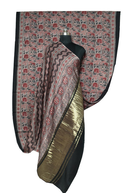 Ajrakh Modal Silk Natural Dye Hand Block Print Saree   With Golden Border  - With Blouse Piece - 6 mtrs Length    -  SKU : ID28C03F