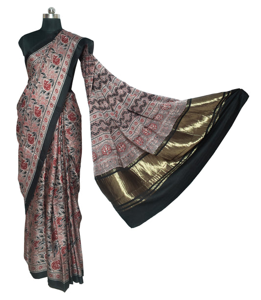 Ajrakh Modal Silk Natural Dye Hand Block Print Saree With Golden Border - 5.5 Mtrs Length + 0.85 Mtrs Blouse Piece - SKU : ID28C03F