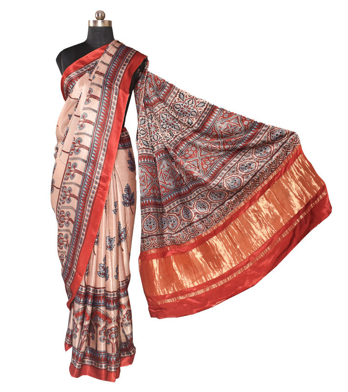Ajrakh Modal Silk Natural Dye Hand Block Print Saree   With Golden Border  - With Blouse Piece - 6 mtrs Length    -  SKU : ID15101C