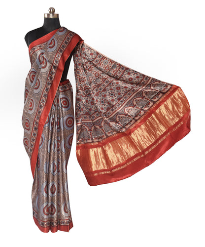 Ajrakh Modal Silk Natural Dye Hand Block Print Saree   With Golden Border  - With Blouse Piece - 6 mtrs Length    -  SKU : ID15101G