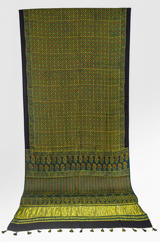 Ajrakh Modal Silk Natural Dye Golden Border Hand Block Print Saree with Blouse Piece - 5.5 Mtr Length - SKU : MS05C01C