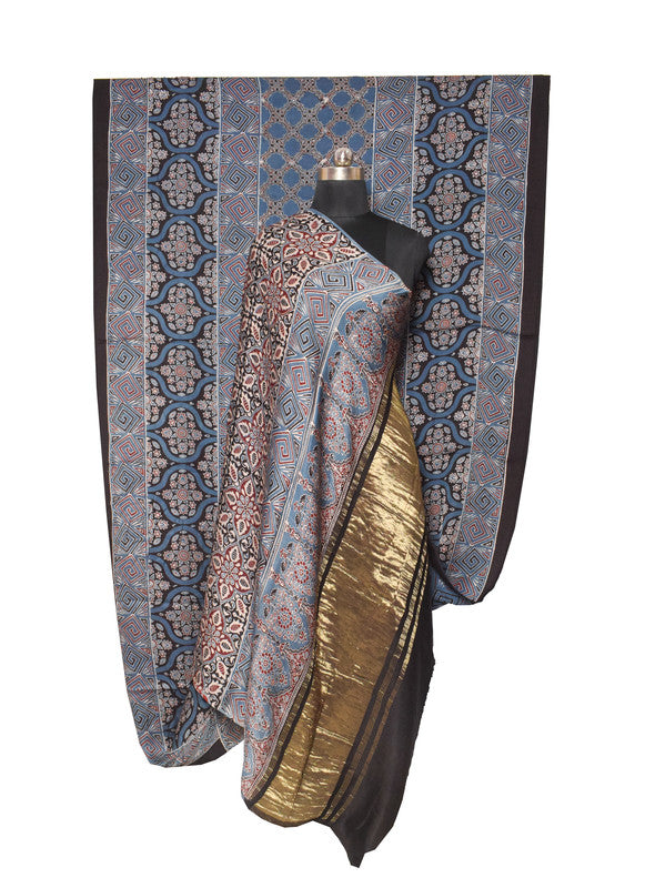 Ajrakh Modal Silk Natural Dye Hand Block Print Saree   With Golden Border  - With Blouse Piece - 6 mtrs Length    -  SKU : ID28C03M