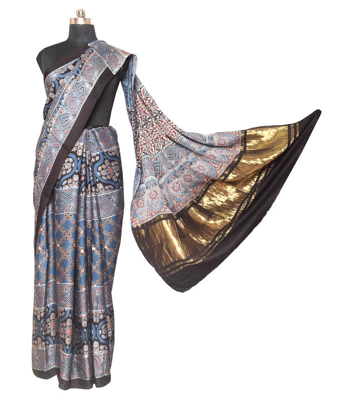 Ajrakh Modal Silk Natural Dye Hand Block Print Saree   With Golden Border  - With Blouse Piece - 6 mtrs Length    -  SKU : ID28C03M