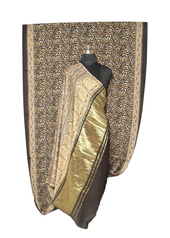 Ajrakh Modal Silk Natural Dye Hand Block Print Saree   With Golden Border  - With Blouse Piece - 6 mtrs Length    -  SKU : ID1510AA