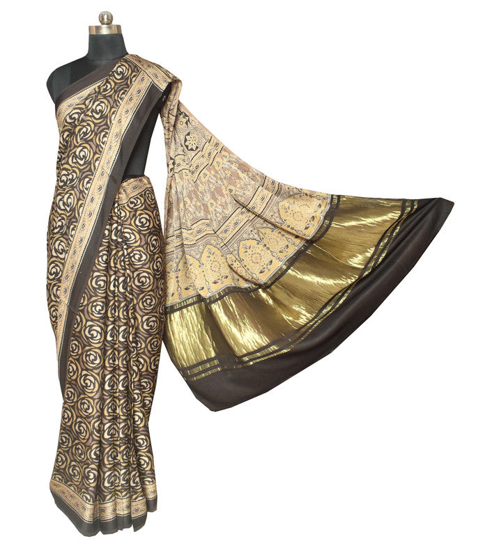 Ajrakh Modal Silk Natural Dye Hand Block Print Saree   With Golden Border  - With Blouse Piece - 6 mtrs Length    -  SKU : ID1510AA