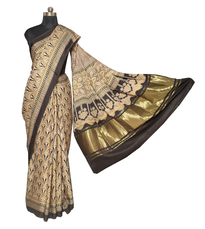 Ajrakh Modal Silk Natural Dye Hand Block Print Saree   With Golden Border  - With Blouse Piece - 6 mtrs Length    -  SKU : ID15101B