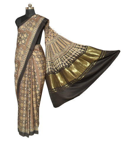 Ajrakh Modal Silk Natural Dye Hand Block Print Saree   With Golden Border  - With Blouse Piece - 6 mtrs Length    -  SKU : ID15101S