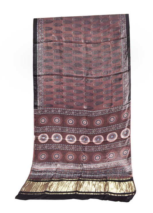 Ajrakh Modal Silk Natural Dye Hand Block Print Saree   With Golden Border  - With Blouse Piece - 6 mtrs Length    -  SKU : ID15101I