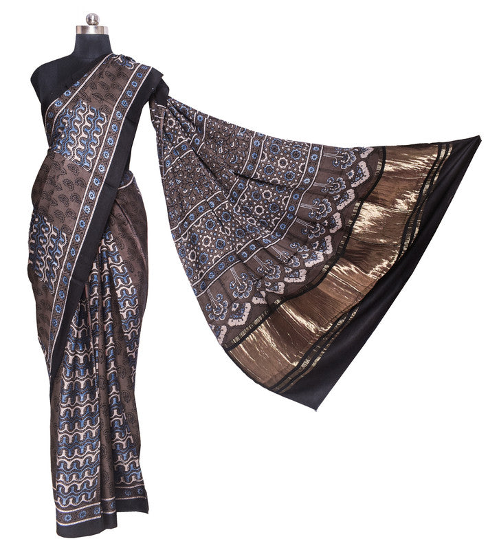 Ajrakh Modal Silk Natural Dye Hand Block Print Saree   With Golden Border  - With Blouse Piece - 6 mtrs Length    -  SKU : ID28C03S