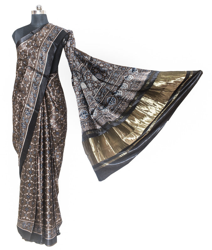 Ajrakh Modal Silk Natural Dye Hand Block Print Saree   With Golden Border  - With Blouse Piece - 6 mtrs Length    -  SKU : ID28C03T