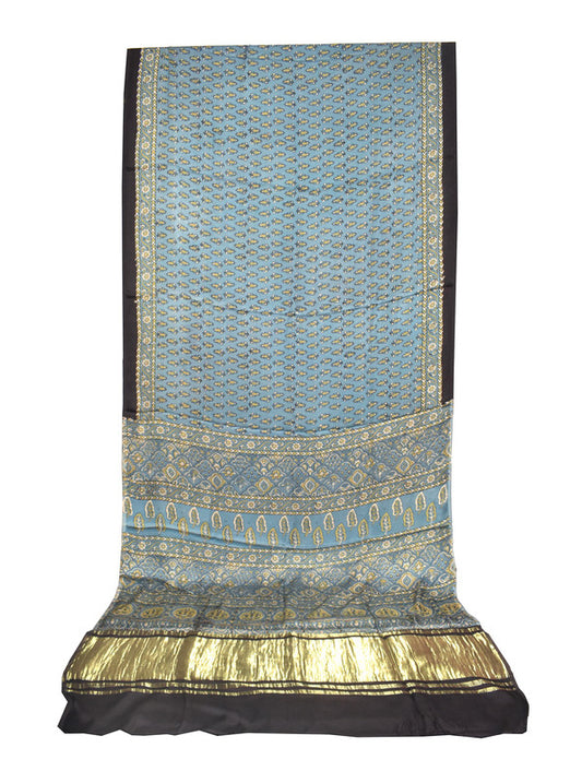 Ajrakh Modal Silk Natural Dye Hand Block Print Saree   With Golden Border  - With Blouse Piece - 6 mtrs Length    -  SKU : ID1510AF