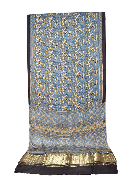 Ajrakh Modal Silk Natural Dye Hand Block Print Saree   With Golden Border  - With Blouse Piece - 6 mtrs Length    -  SKU : ID1510AG
