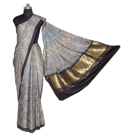 Ajrakh Modal Silk Natural Dye Hand Block Print Saree   With Golden Border  - With Blouse Piece - 6 mtrs Length    -  SKU : ID1510AH