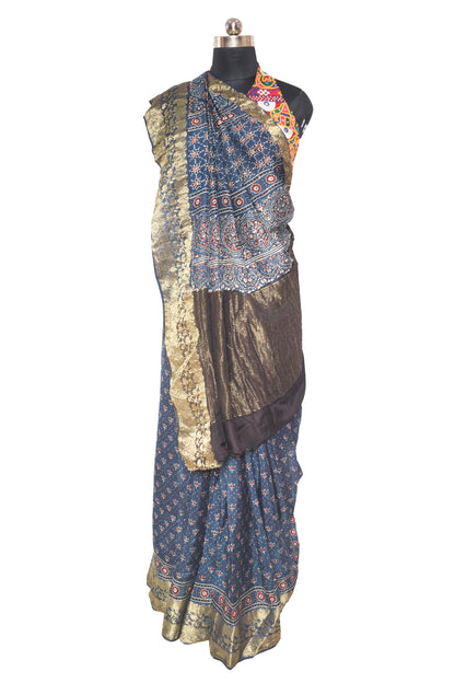 Ajrakh Dola Silk Natural Dye Full Jari Border Nakshi Pallu Hand Block Print Saree  with Nakshi Border - with Ajrakh Blouse Piece  - 6 Mtr Length  -  SKU: ID11801F