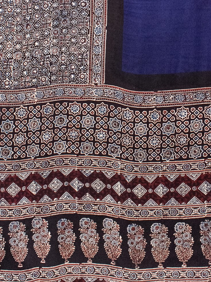 Ajrakh Modal Silk Part Natural Dye Half Plain Hand Block Print Saree with Blouse Piece - 5.5 Mtr Length - SKU : 0047-BLBK