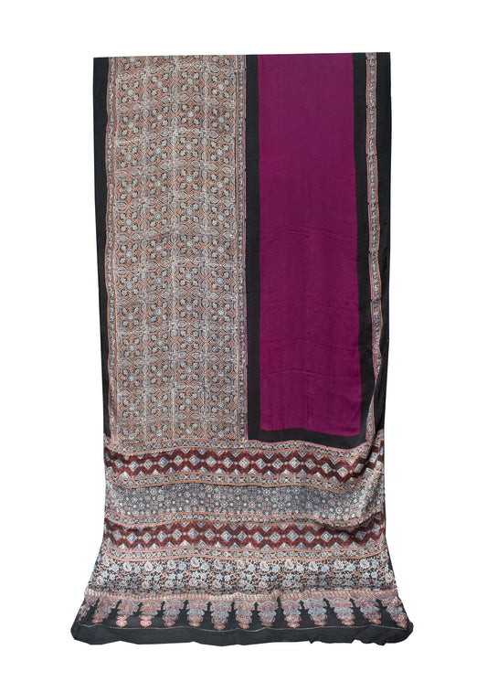 Ajrakh Modal Silk Part Natural Dye Half Plain Hand Block Print Saree with Blouse Piece - SKU : 0047