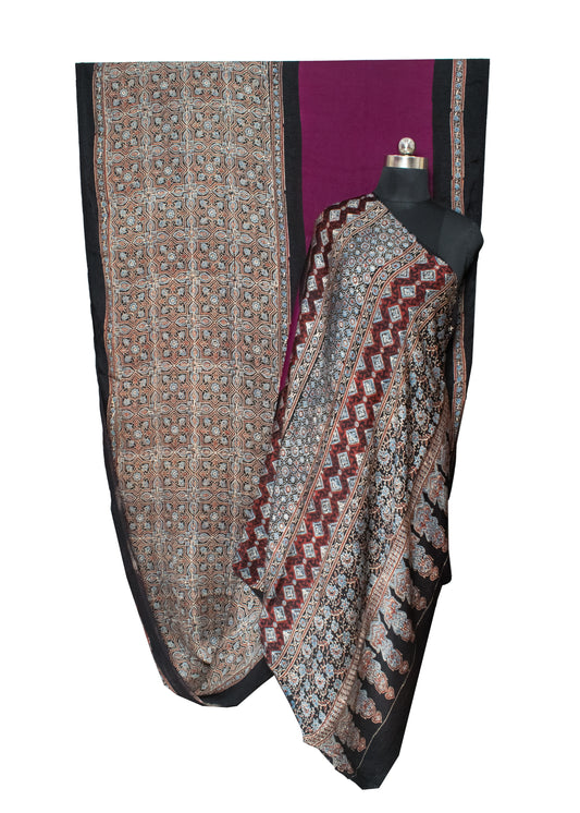 Ajrakh Modal Silk Part Natural Dye Half Plain Hand Block Print Saree with Blouse Piece - SKU : 0047