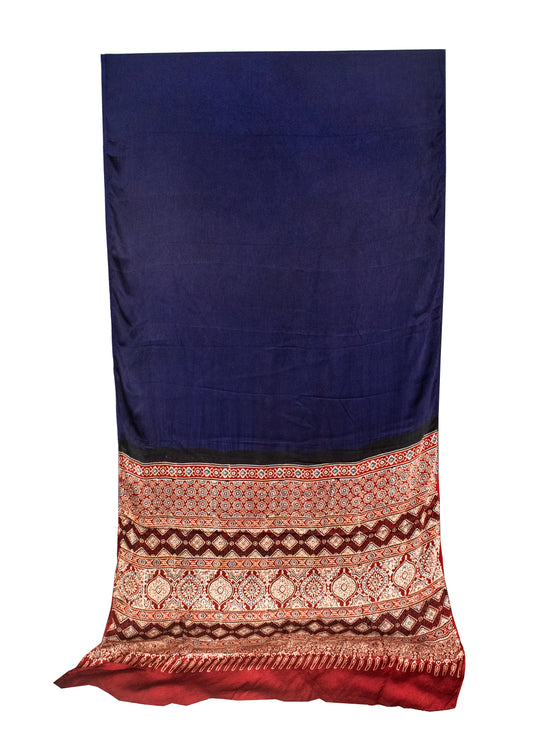Plain Dyeing Modal Silk Natural Dye Ajrakh Pallu Hand Block Print Saree with Blouse Piece - SKU : 0050