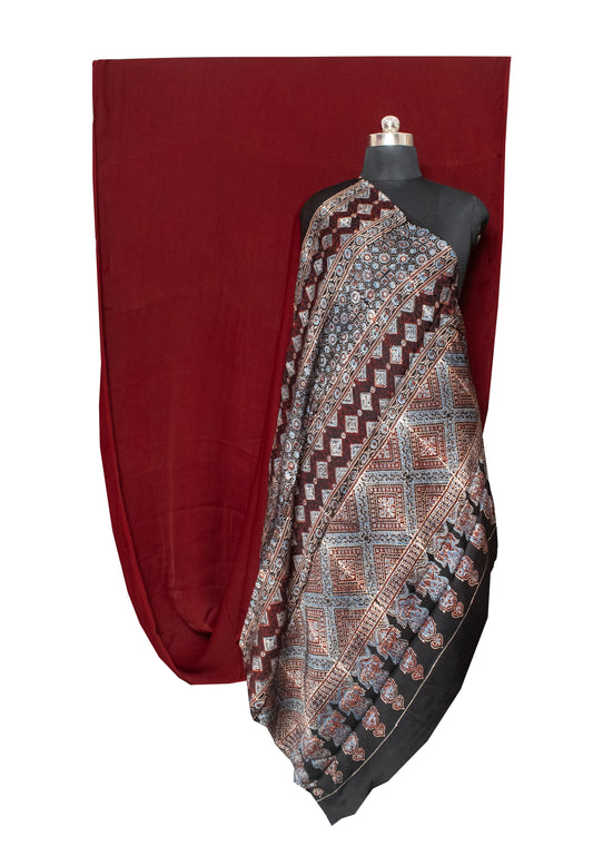 Plain Dyeing Modal Silk Natural Dye Ajrakh Pallu Hand Block Print Saree with Blouse Piece - SKU : 0050