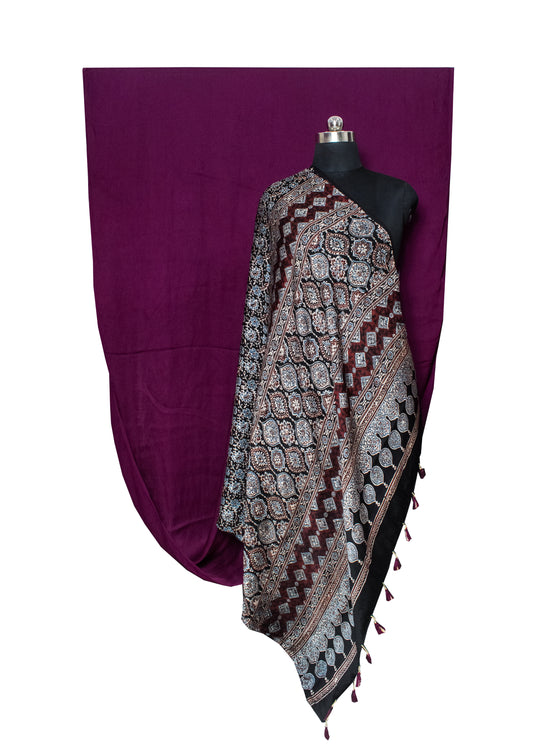 Plain Dyeing Modal Silk Natural Dye Ajrakh Pallu Hand Block Print Saree with Blouse Piece - SKU : 0050