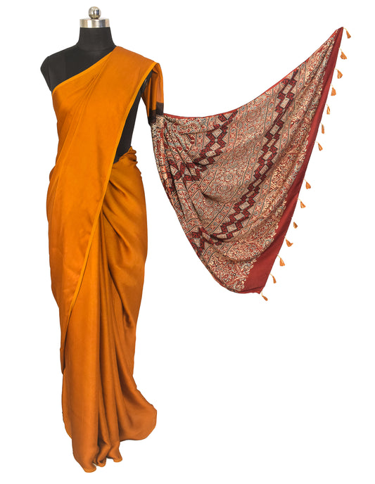Plain Dyeing Modal Silk Natural Dye Ajrakh Pallu Hand Block Print Saree with Blouse Piece - 5.5 Mtr Length - SKU : 0050-RURE