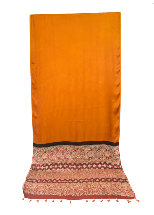 Plain Dyeing Modal Silk Natural Dye Ajrakh Pallu Hand Block Print Saree with Blouse Piece - 5.5 Mtr Length - SKU : 0050-RURE