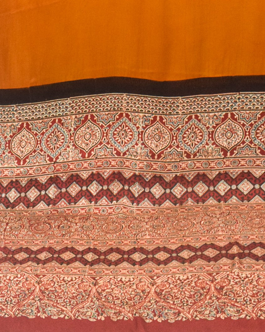 Plain Dyeing Modal Silk Natural Dye Ajrakh Pallu Hand Block Print Saree with Blouse Piece - 5.5 Mtr Length - SKU : 0050-RURE