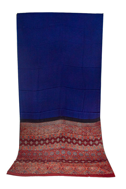 Plain Dyeing Modal Silk Natural Dye Ajrakh Pallu Hand Block Print Saree with Blouse Piece - 5.5 Mtr Length - SKU : 0050-RYRE