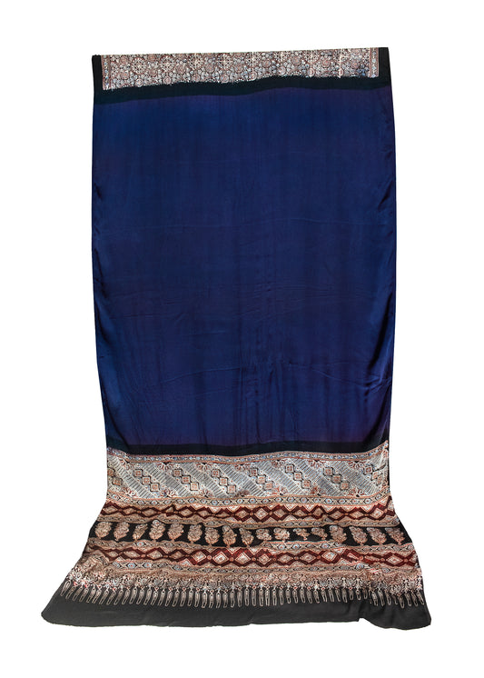 Ajrakh Modal Silk Part Natural Dye Half Plain Hand Printed Saree with Blouse Piece - 5.5 Mtr Length - SKU : 0051-NBBK