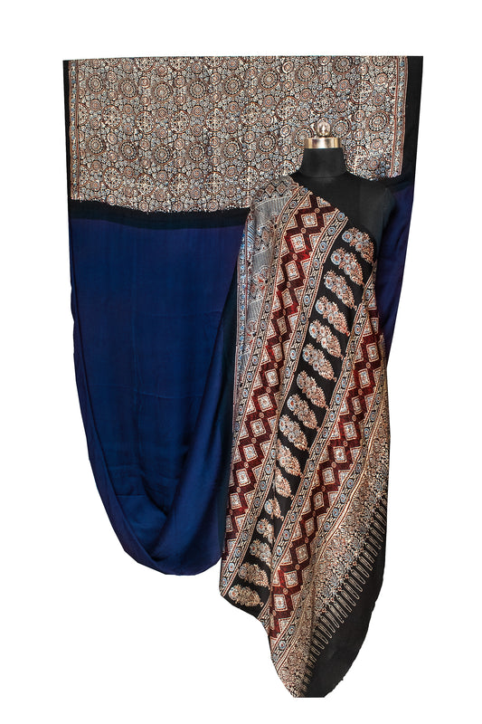 Ajrakh Modal Silk Part Natural Dye Half Plain Hand Printed Saree with Blouse Piece - 5.5 Mtr Length - SKU : 0051-NBBK