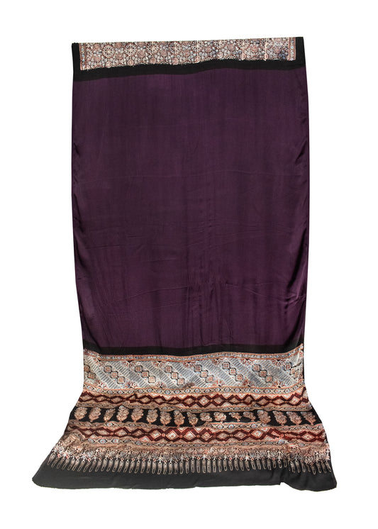 Ajrakh Modal Silk Part Natural Dye Half Plain Hand Block Print Saree with Blouse Piece - SKU : 0051