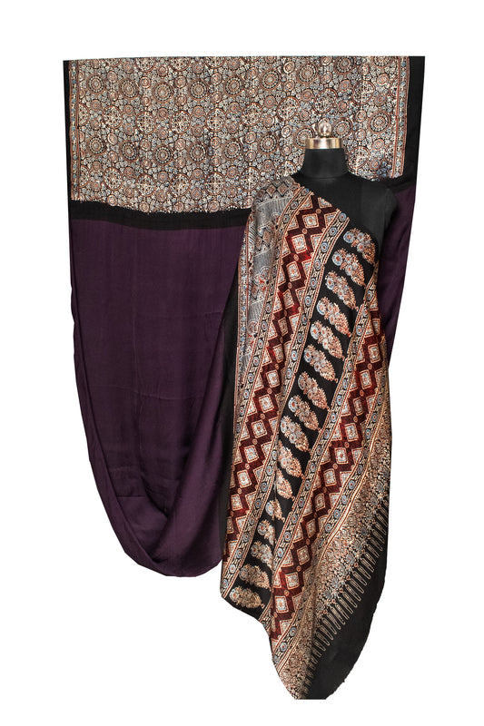 Ajrakh Modal Silk Part Natural Dye Half Plain Hand Block Print Saree with Blouse Piece - SKU : 0051