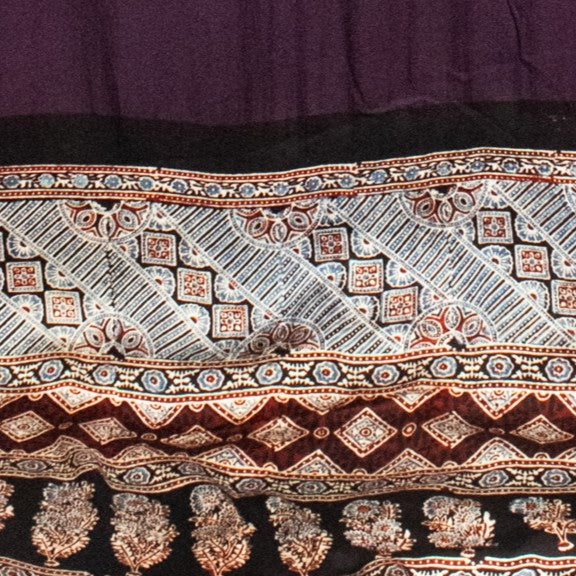 Ajrakh Modal Silk Part Natural Dye Half Plain Hand Block Print Saree with Blouse Piece - SKU : 0051