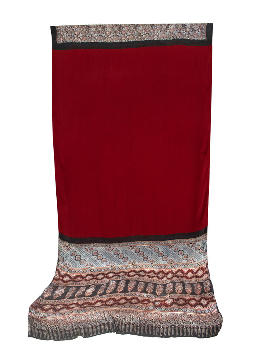 Ajrakh Modal Silk Part Natural Dye Half Plain Hand Block Print Saree with Blouse Piece - SKU : 0051