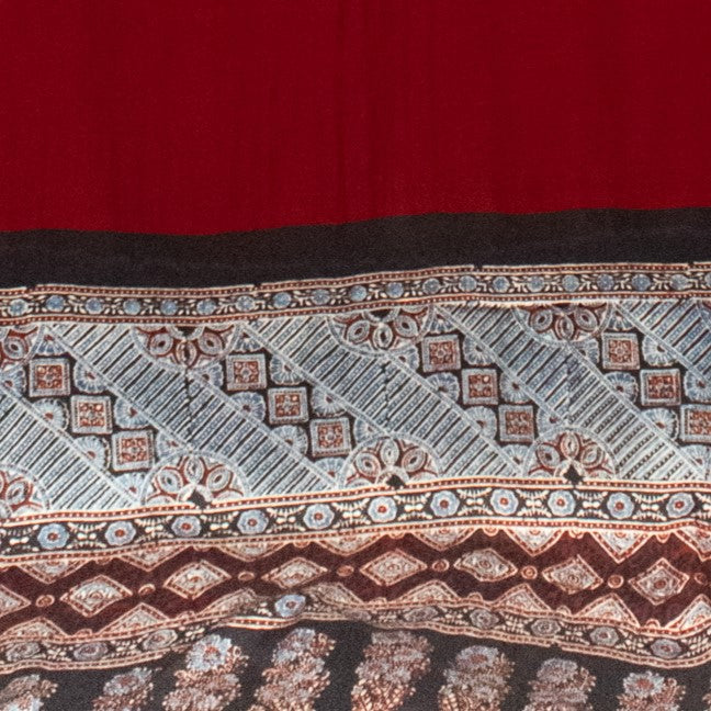 Ajrakh Modal Silk Part Natural Dye Half Plain Hand Block Print Saree with Blouse Piece - SKU : 0051