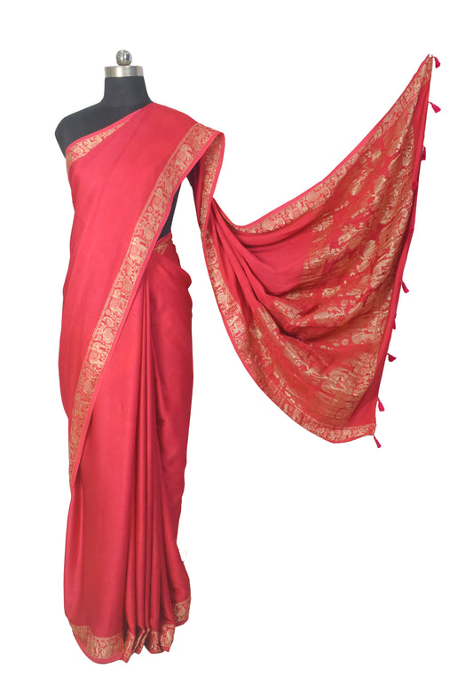 Plain Dyeing Modal Silk With Full Nakshi Border Saree with Tassels - With Blouse Piece - 5.5 Mtr Length - SKU : AI27A02A