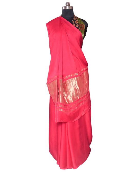 Plain Dyeing Modal Silk Plain Dyed Saree with Golden Border - 5.5 Mtr Length + 0.85 Mtr Blouse Piece - SKU : 0071