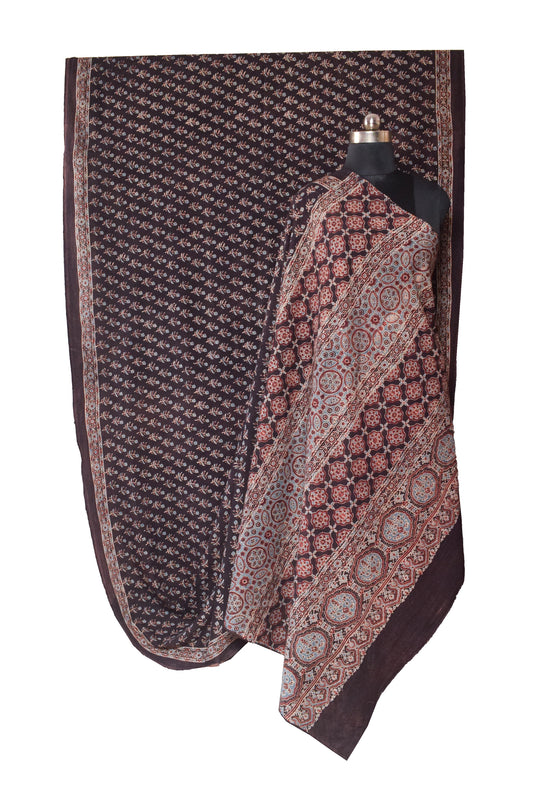 Ajrakh Mul Cotton Natural Dye Hand Block Print Saree with Ajrakh Blouse Piece - 5.5 Mtr Length + 0.85 Mtr Blouse Piece - SKU : ID14C02A