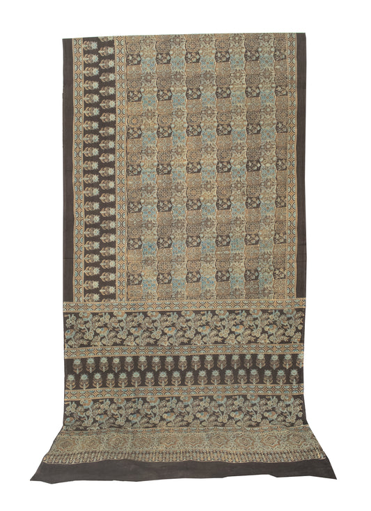 Ajrakh Mul Cotton Natural Dye Hand Block Print Saree  with Ajrakh Blouse Piece  - 6 Mtr Length    -  SKU : ID14C02E