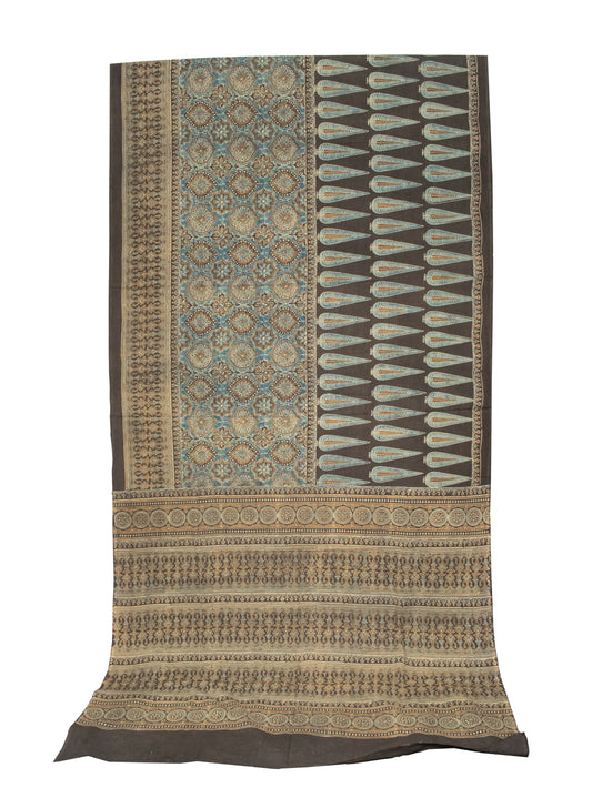 Ajrakh Mul Cotton Natural Dye Hand Block Print Saree with Ajrakh Blouse Piece - 5.5 Mtr Length + 0.85 Mtr Blouse Piece - SKU : ID14C02Q