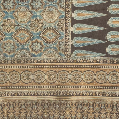 Ajrakh Mul Cotton Natural Dye Hand Block Print Saree  with Ajrakh Blouse Piece  - 6 Mtr Length    -  SKU : ID14C02Q