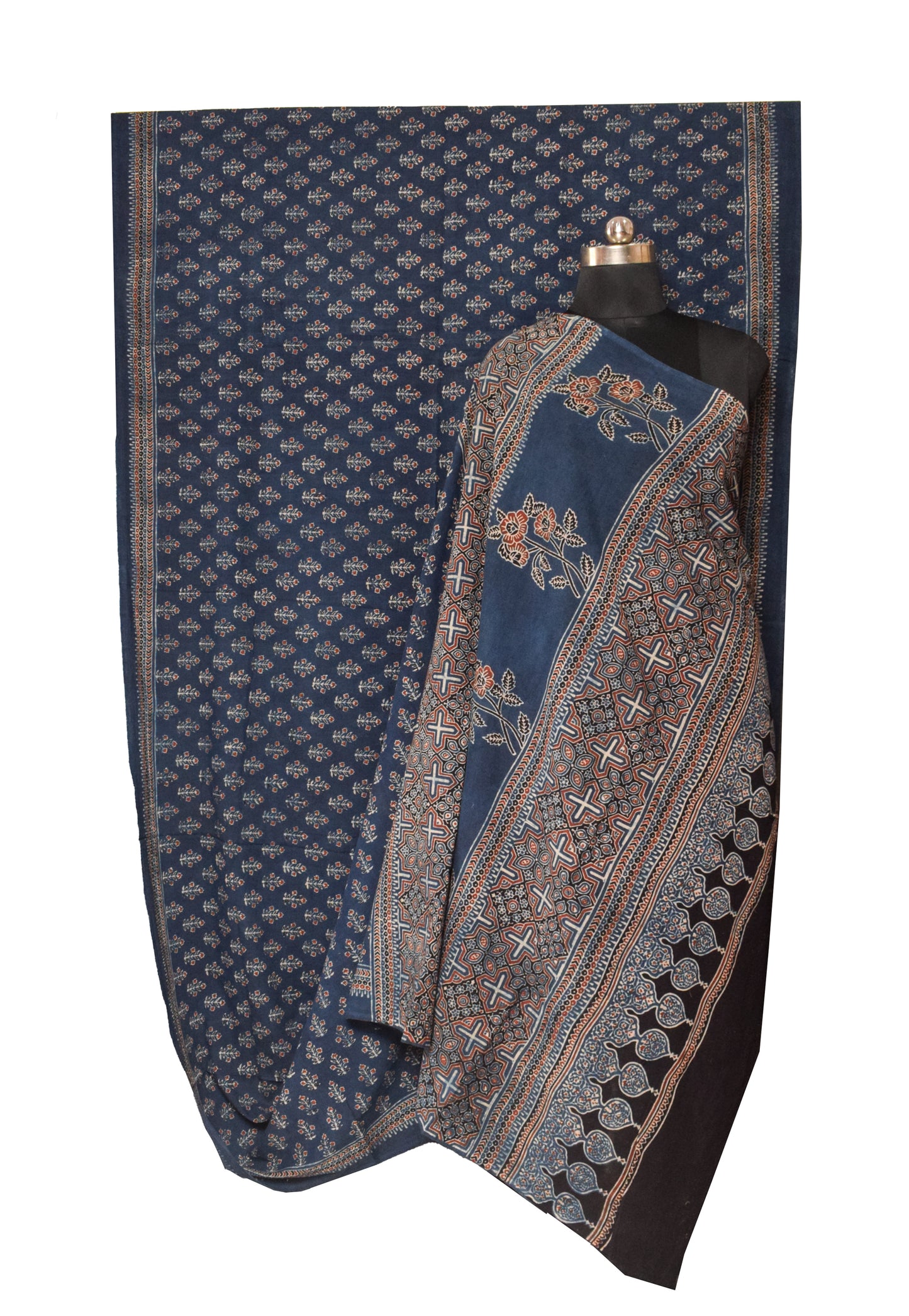 Ajrakh Mul Cotton Natural Dye Hand Block Print Saree  with Ajrakh Blouse Piece  - 6 Mtr Length    -  SKU : ID14C02F