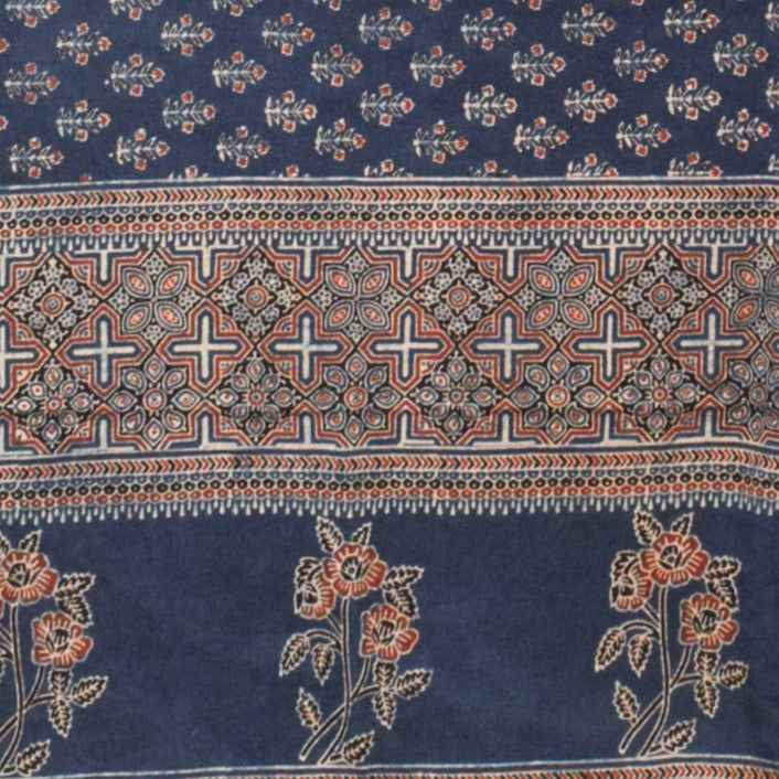 Ajrakh Mul Cotton Natural Dye Hand Block Print Saree  with Ajrakh Blouse Piece  - 6 Mtr Length    -  SKU : ID14C02F