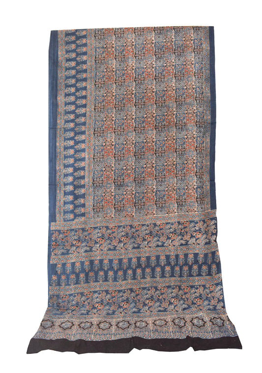 Ajrakh Mul Cotton Natural Dye Hand Block Print Saree with Ajrakh Blouse Piece - 5.5 Mtr Length + 0.85 Mtr Blouse Piece - SKU : ID14C02L