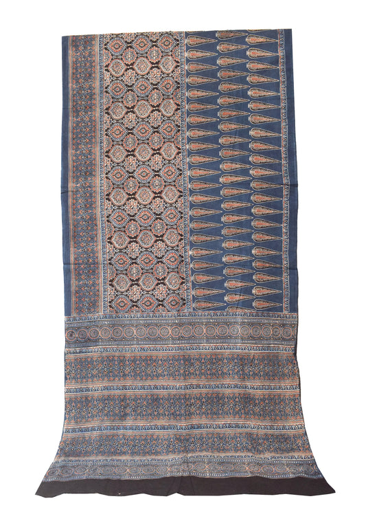 Ajrakh Mul Cotton Natural Dye Hand Block Print Saree with Ajrakh Blouse Piece - 5.5 Mtr Length + 0.85 Mtr Blouse Piece - SKU : ID14C02X